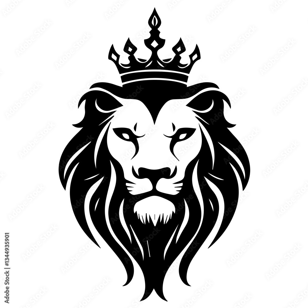 Fototapeta premium Monochrome Graphic of a Crowned Lion Head in Profile