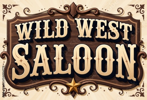 Vintage Wild West saloon sign with ornate lettering and decorative elements