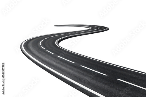 Photorealistic render of a winding asphalt road with an s-curve isolated on a isolated on transparent background, showcasing its serpentine path and vanishing point in an aerial perspective