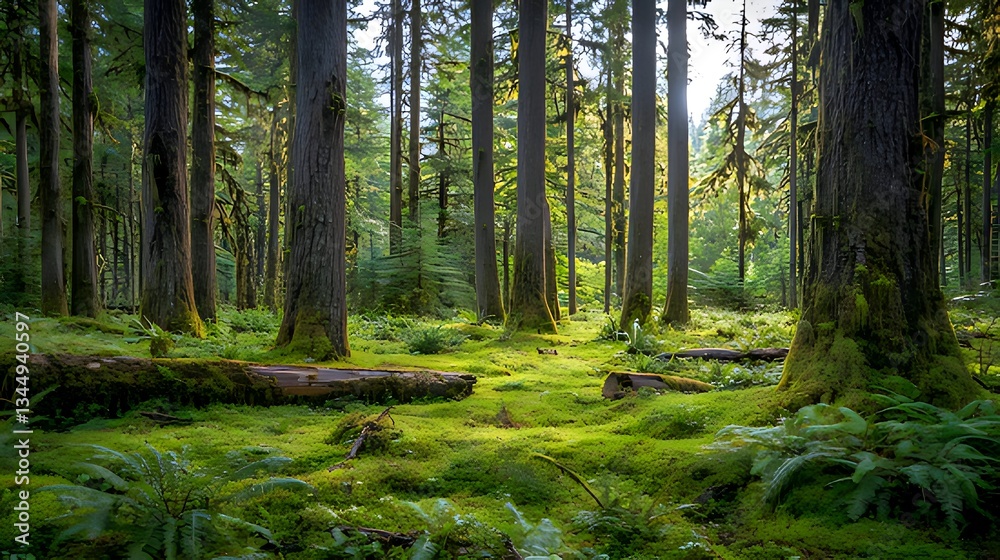 Obraz premium Sunlight filtering through mossy forest floor