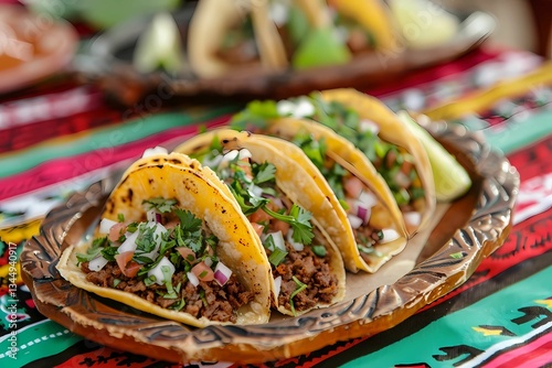 a plate of tacos on a colorfully decorated wooden tray