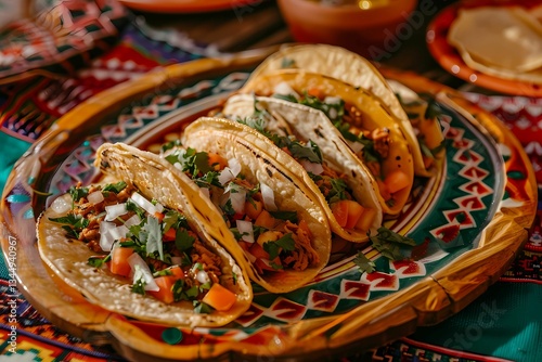 a plate of tacos on a colorfully decorated wooden tray