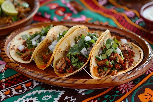 a plate of tacos on a colorfully decorated wooden tray