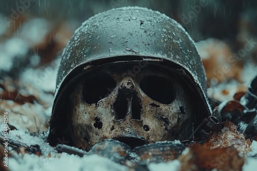 Reflection on lost battles in a snowy forest with a weathered helmet and skull resting on the ground