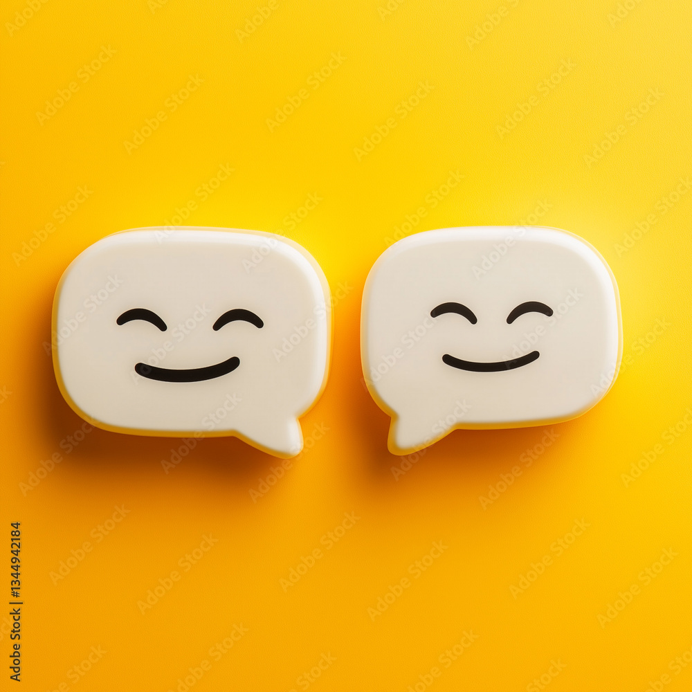 Minimalist concept of two white speech bubbles with happy faces on a yellow background, symbolizing positive communication, feedback, and online interaction