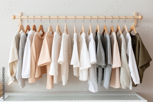 Wooden hangers with clothes on the rail in the store with kid's clothing for sale. Flea market, second hand, discount, exchange, donation