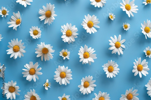 Chamomile flowers arranged flat on a blue background showcasing repetition and vibrant colors in spring and summer Generative AI