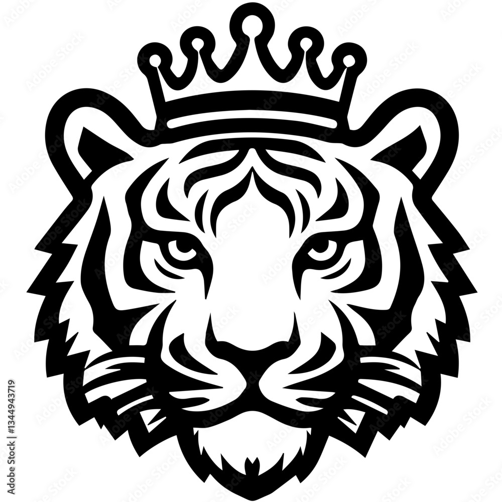 Fototapeta premium Monochrome Graphic of a Crowned Tiger Head with Detailed Stripes