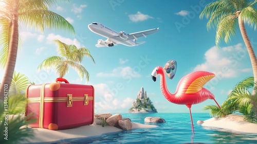 Summer Vacation Scene with 3D Rendered Flamingo and Airplane
