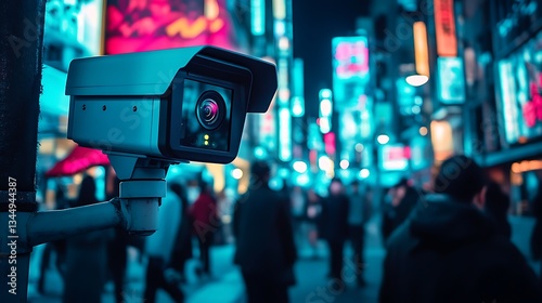 Wallpaper Mural Cyberpunk City Surveillance: A Nighttime View of a Security Camera in a Vibrant Urban Setting Torontodigital.ca