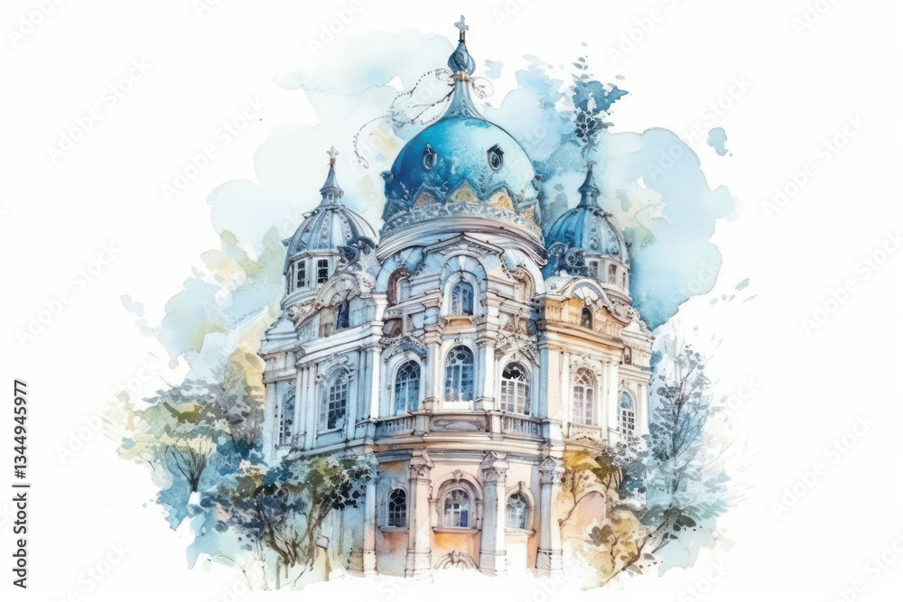 Obraz premium a picturesque watercolor illustration of a majestic Orthodox cathedral with blue domes topped with crosses 
