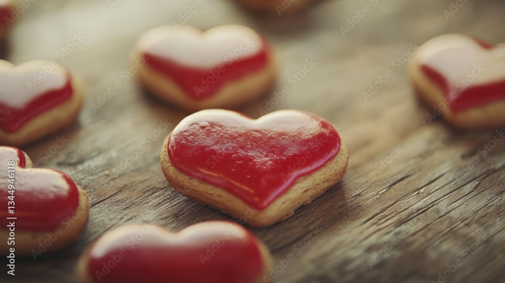 Fototapeta premium Valentine's day cookies hearts with copyspace on wood table, saint valentine and love background concept, blank space, hd