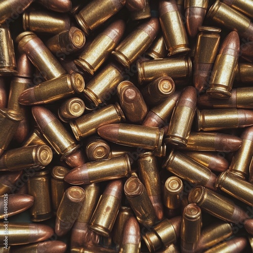 Top-down view of a background filled with 9mm bullets photo