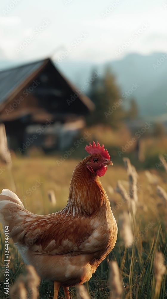 Fototapeta premium A chicken is standing in a field of tall grass. The chicken is brown and white. The field is surrounded by a wooden fence