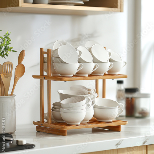 a neatly organized kitchen with a two-tier bamboo dish drainer. On the drainer are placed white porcelain cups and saucers, stacked in neat piles. 