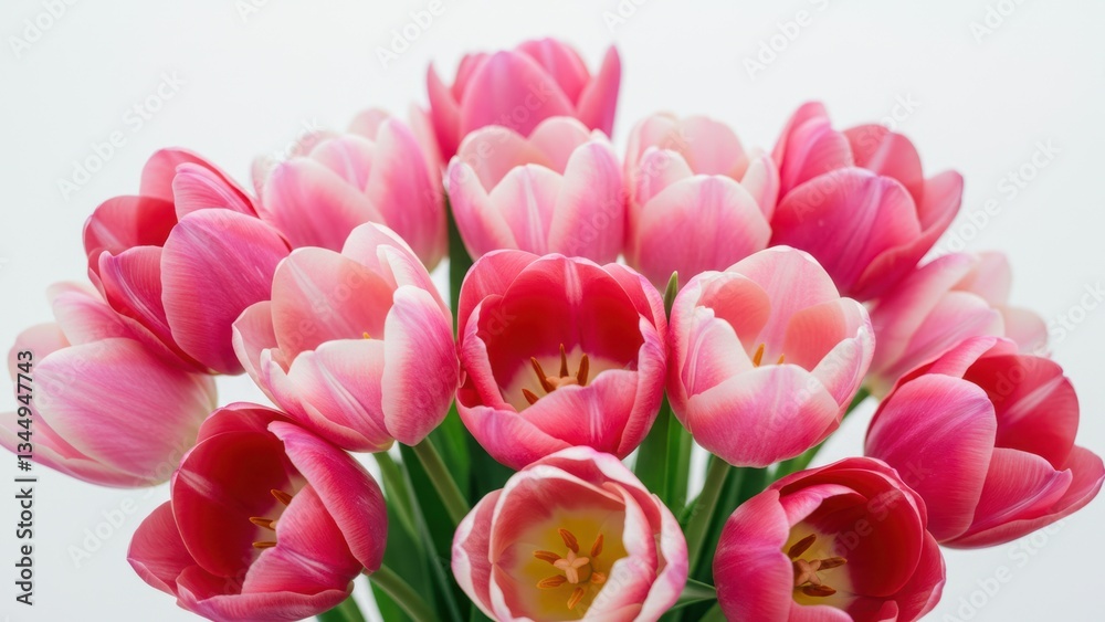 Fototapeta premium Pink tulips bouquet arranged elegantly against a white background Captivating beauty symbolizes love and spring Perfect for celebrations and gifts