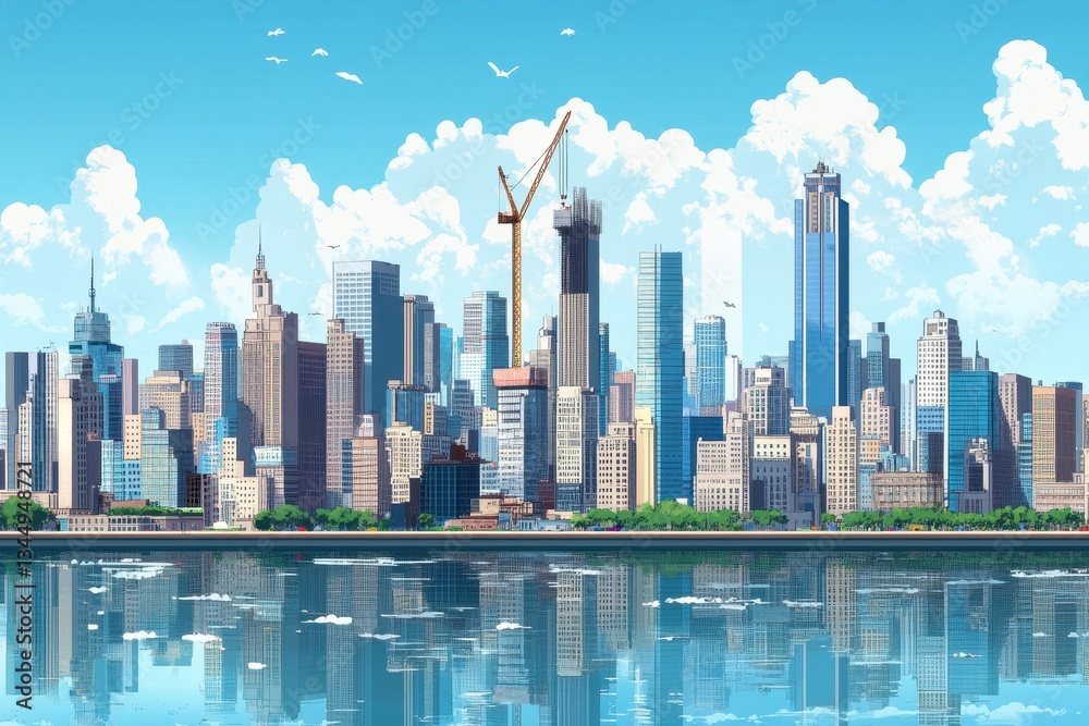 Obraz premium Anime cityscape view, skyscrapers and crane under a blue sky reflect in water. Great image for presentations and modern, urban themed design projects.