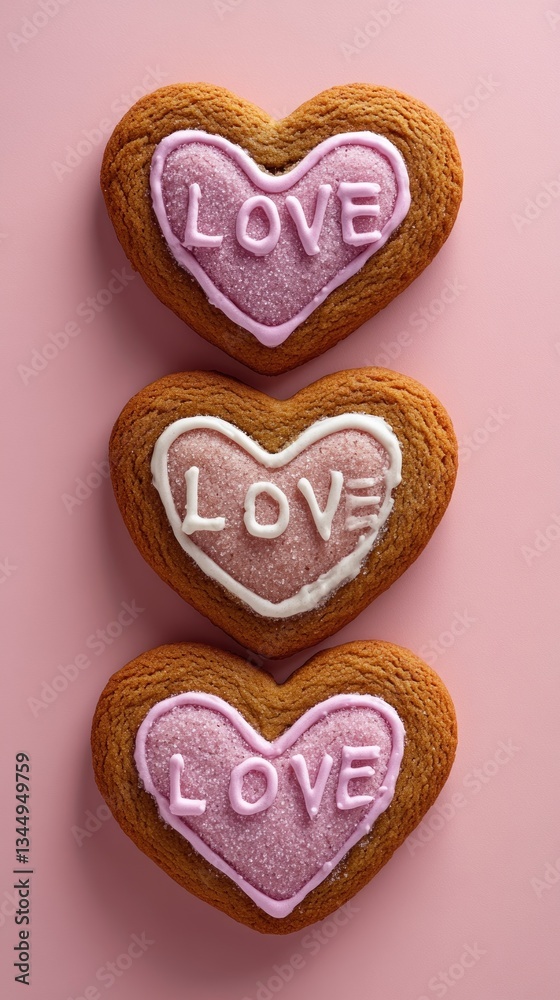 Three heart shaped cookies with love written on them Three heart shaped cookies with love written on them