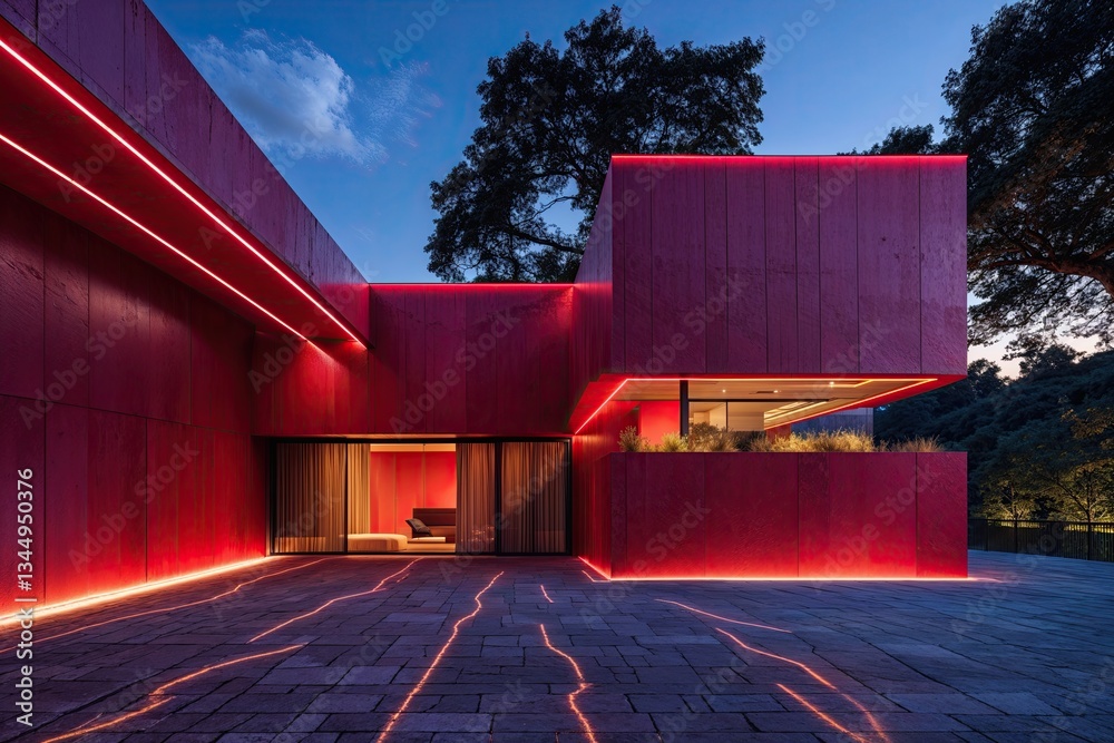 Stunning Abstract Architecture Featuring Crimson Walls and Lively Evening Illumination Stunning Abstract Architecture Featuring Crimson Walls and Lively Evening Illumination