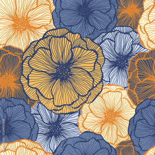 Pretty poppy floral summer vector seamless pattern. Doodle line texture blossom petals. Field poppy flower wrapper print design. Beautiful garden flower ornament. Flat graphic illustration.