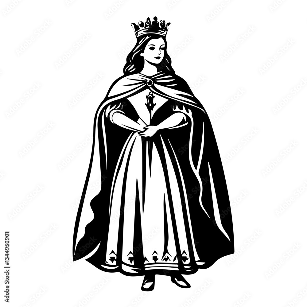 Naklejka premium Monochrome Illustration of a Regal Queen with Crown and Gown