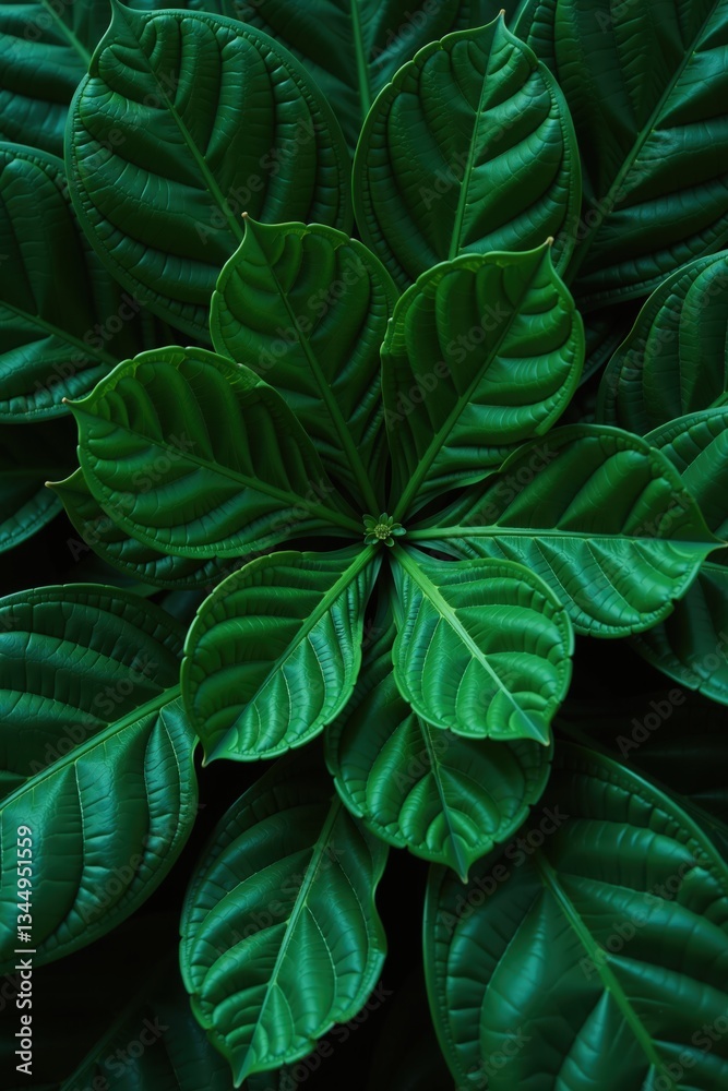 Fototapeta premium Closeup of lush green leaves forming a radial pattern. Perfect for nature, botanical, or design backgrounds.