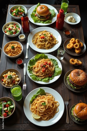 Wallpaper Mural Overhead shot of a table set with various dishes: spaghetti, burgers, and salads.  Perfect for restaurant menus or food blogs. Torontodigital.ca