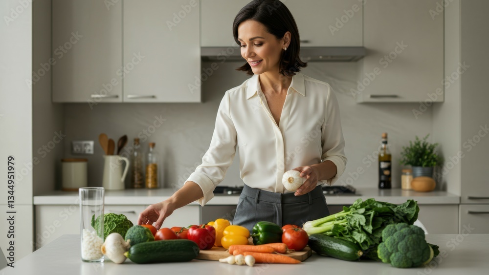 Hispanic woman handling fresh vegetables in modern kitchen Focus on healthy cooking and meal preparation, emphasizing wellness and sustainability Hispanic woman handling fresh vegetables in modern kitchen Focus on healthy cooking and meal preparation, emphasizing wellness and sustainability