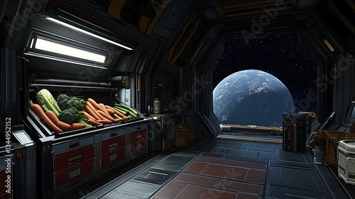 Fototapeta Naklejka Na Ścianę i Meble -  A futuristic spaceship kitchen presents vegetables in outer space