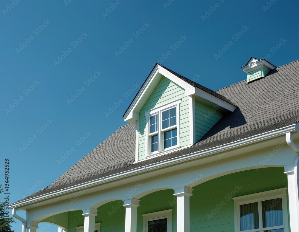 Low angle shot of pastel green wooden house with white windows under clear blue sky. Home exterior features grey shingle roof. Construction industry, real estate concept, architecture, design Low angle shot of pastel green wooden house with white windows under clear blue sky. Home exterior features grey shingle roof. Construction industry, real estate concept, architecture, design