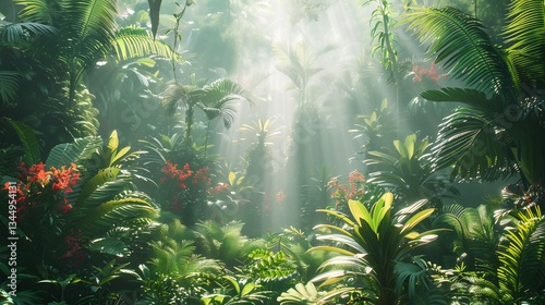 Fototapeta Naklejka Na Ścianę i Meble -  Lush tropical jungle soft sunlight filtering through wide open space for design