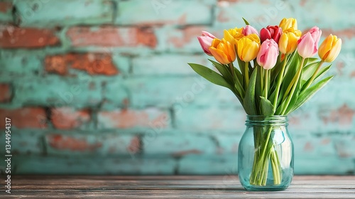   A vase brimming with yellow and pink tulips rests atop a wooden table, adjacent to a brick wall