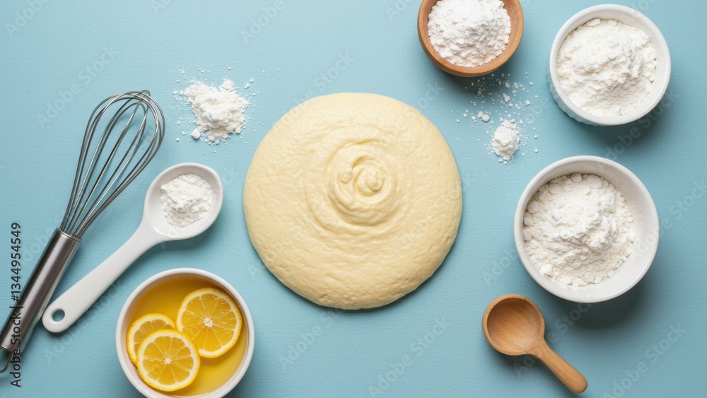 Mixing bowl with batter, lemon slices, flour, and whisk on light blue background Focus on baking process, culinary creativity, and food preparation