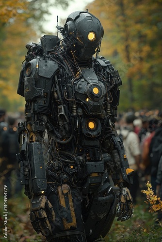 Futuristic robot standing in a lush forest during a gathering of curious onlookers amid autumn foliage