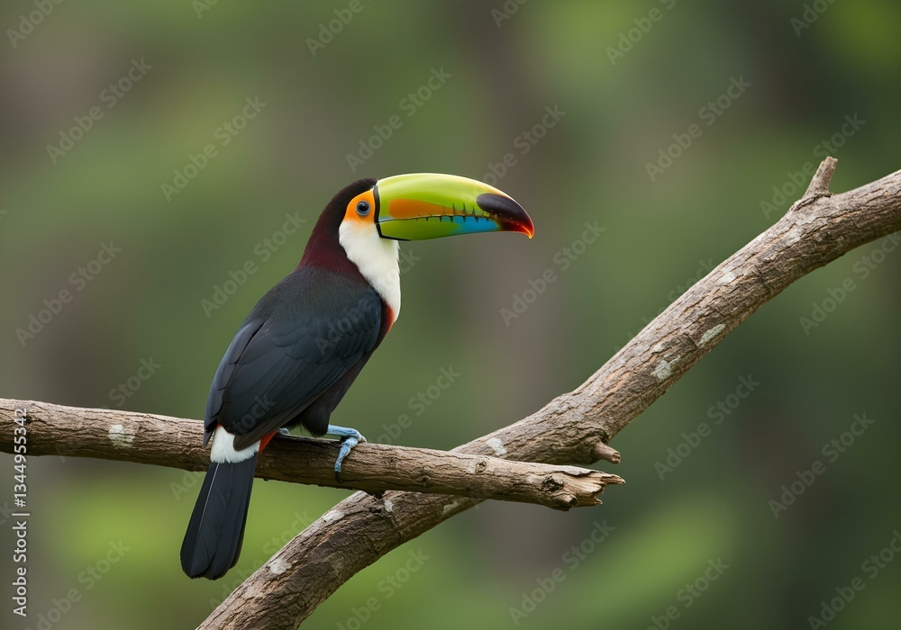 Fototapeta premium toucan on a branch, toucan on a tree, toucan in the forest, toucan is looking, toucan in the forest, ai generated