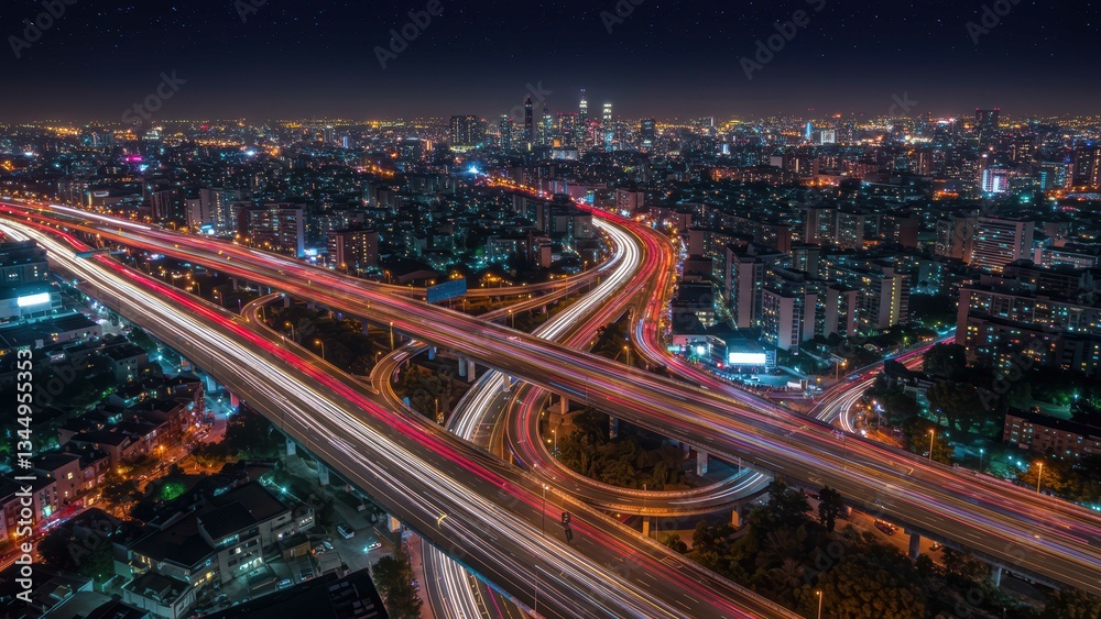 Aerial view of Nairobi showing vibrant night cityscape with moving traffic and illuminated buildings under twinkling stars Themes include urban life and development Aerial view of Nairobi showing vibrant night cityscape with moving traffic and illuminated buildings under twinkling stars Themes include urban life and development