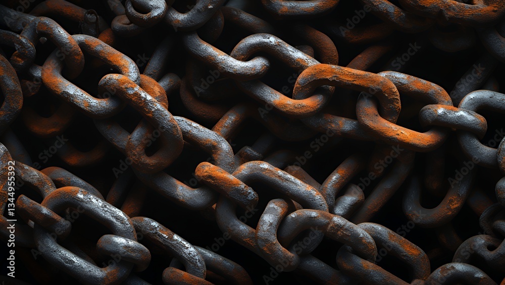 Heap of interconnected rusty, dark, heavy metal chains on a black background, close-up Heap of interconnected rusty, dark, heavy metal chains on a black background, close-up