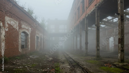 Foggy atmosphere in abandoned warehouse depicts urban decay with broken windows and overgrown vegetation, highlighting themes of exploration and sustainability