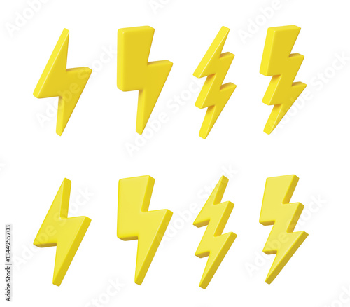 Yellow Plastic Lightning Bolts 3d icons illustration isolated on transparent background set