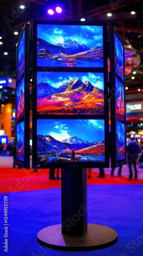 A multi screen display showing mountain landscape images in exhibition setting