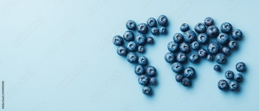 Blueberries Arranged In A World Map Shape On Blue Background Blueberries Arranged In A World Map Shape On Blue Background
