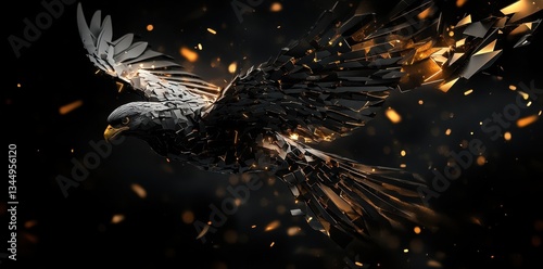 A digital artwork of a fragmented bird in soaring flight