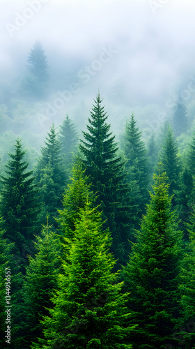 Misty mountain evergreen forest with tall trees