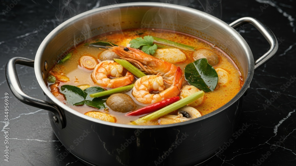 Tom yum soup with shrimp, herbs, and spices in a stainless steel pot Appealing Asian cuisine highlights culinary art and comfort food themes Tom yum soup with shrimp, herbs, and spices in a stainless steel pot Appealing Asian cuisine highlights culinary art and comfort food themes