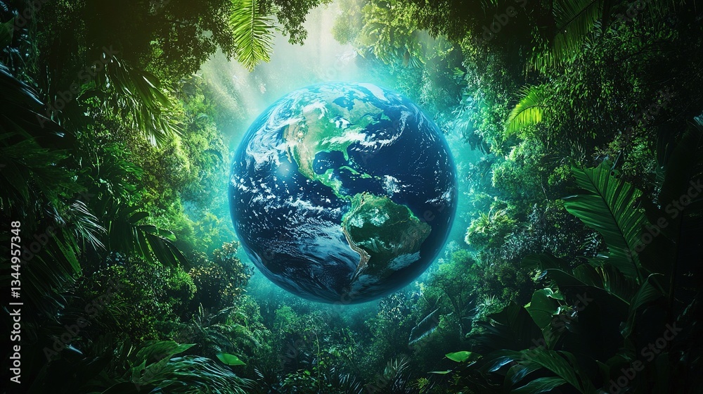 Fototapeta premium Vibrant Tropical Forest Surrounding a Glowing Earth in Nature