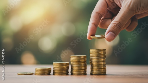 Adult male hand stacking gold coins outdoors in warm morning light Concept of financial planning, savings, investment, and wealth management
