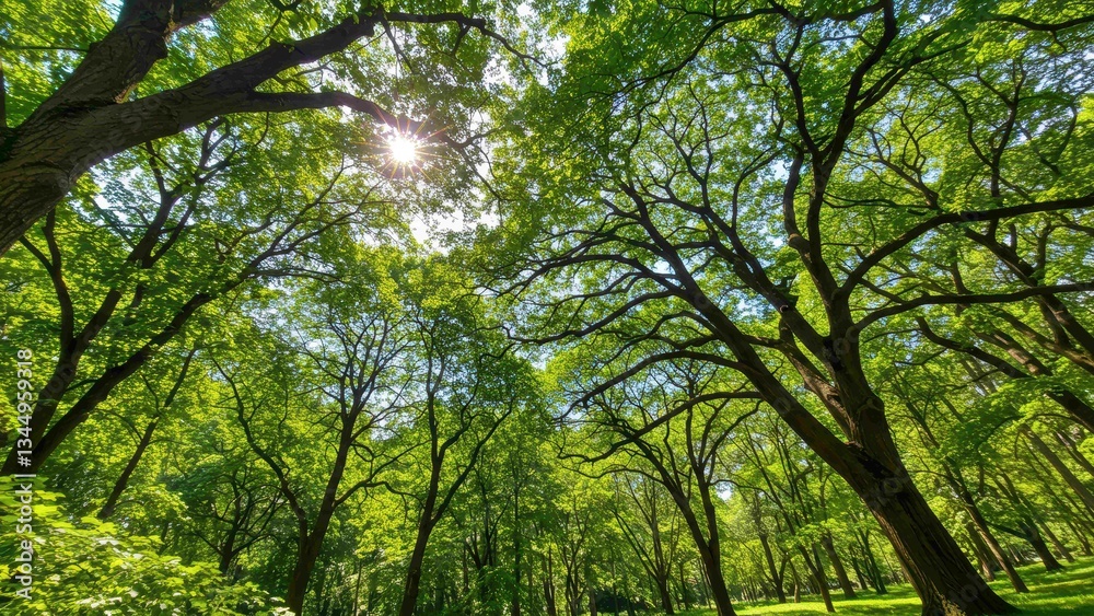 Fototapeta premium Tall trees with dense green leaves creating a lush canopy in park setting Sunlight filtering through foliage evokes tranquility and outdoor exploration