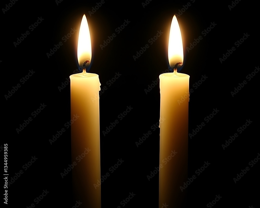 Two tall lit candles glowing brightly against a black backdrop Two tall lit candles glowing brightly against a black backdrop
