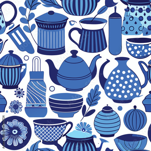 Modern Kitchenware with Blue Ceramic Vector Hand-Drawn Design
