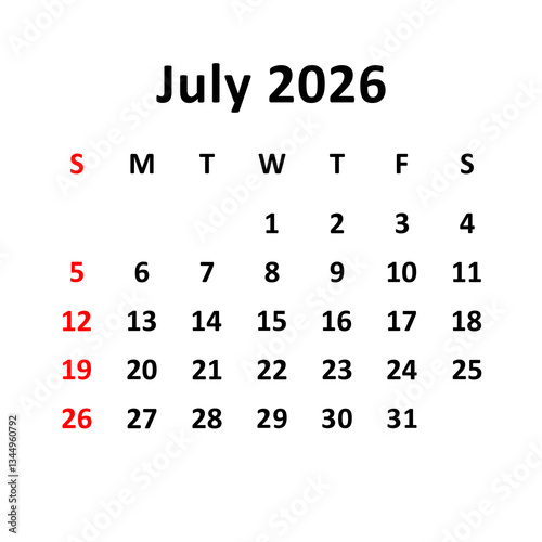 july 2026. Calendar with holydays or red dates. monthly calendar design with week starts on sunday. printable, simple, and clean vector design isolated on white background.